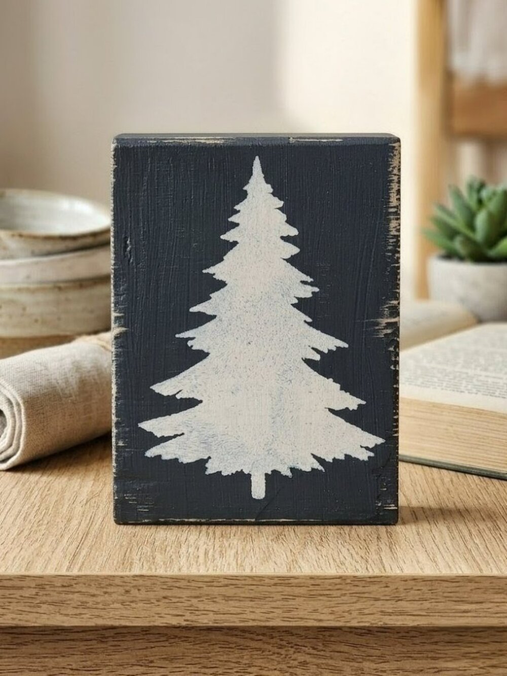 Rustic Pine Tree Wood Block Decor | Handmade Farmhouse Shelf Sitter